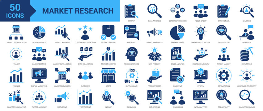 Market Research icon set. Analysis, consumer behavior, focus group, questionnaire, sampling, market segmentation, target, trends, competitor analysis and more. Solid vector icons