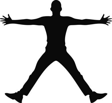Black silhouette of man jumping with arms and legs spread, energetic male figure jumping for joy, athletic person jumping jack vector illustration