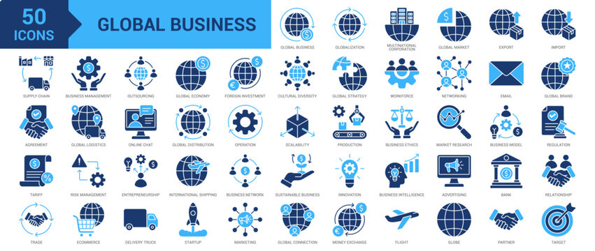 Global Business icon set. Globalization, outsourcing, multinational corporation, global market, export, import, supply chain, tariffs, agreement, trade and more. Solid vector icons