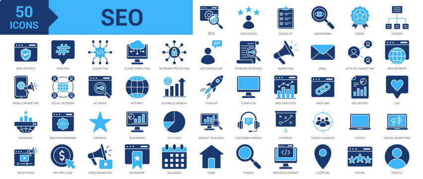 SEO icon set. Keyword, research, sitemap, reputation, SEO monitoring, web security, digital marketing, PageRank, advertising, hashtag, algorithm, backlink and more. Solid vector icons