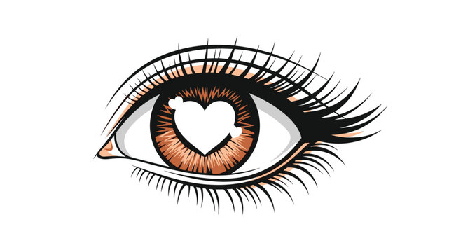 Close-up illustration of a human eye with long lashes and a white heart-shaped reflection in the pupil for romance.