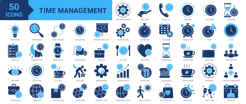 Time Management icon set. Time, management, efficiency, save time, optimization, schedule,  fast time, deadline, stopwatch, planning, alarm clock, overtime and more. Solid vector icons