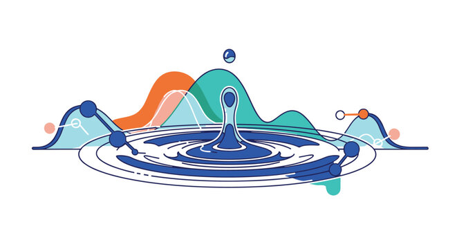 Abstract data visualization concept features a water droplet creating ripples over colorful wave charts and connected node graphs on white.