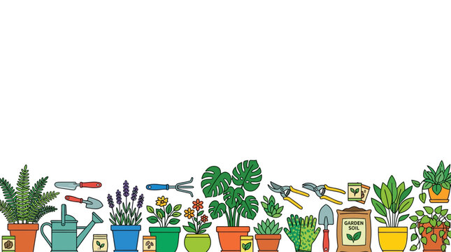 Gardening tools and potted houseplants arranged in a bottom border design on a white background