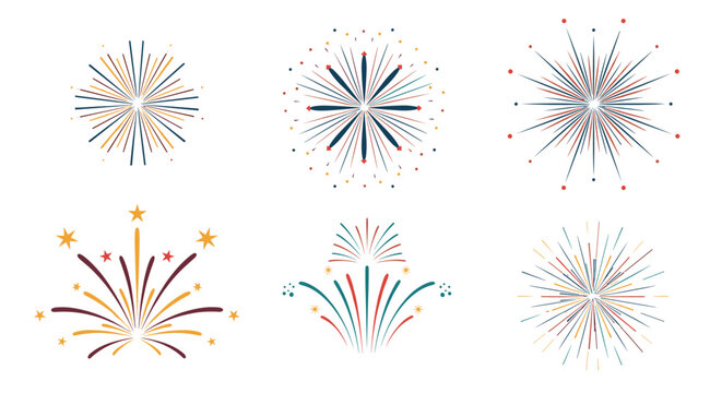 Set of six different colorful firework bursts is displayed on a white background, representing celebrations, festivals, and bright displays.