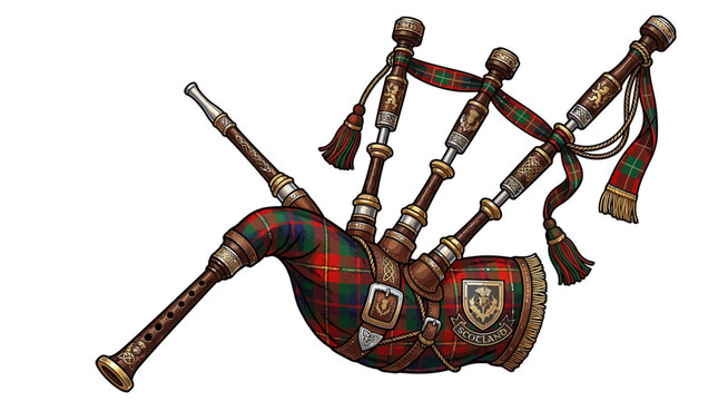 Traditional Scottish bagpipes with tartan pattern and gold accents