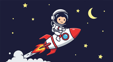 Fototapeta premium Astronaut riding a rocket through space amidst stars and moon