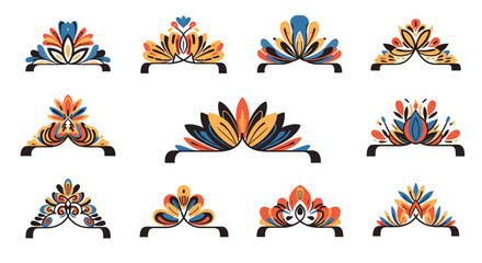 Obraz premium Collection of twelve symmetrical decorative floral ornaments in shades of orange and blue is arranged in a grid on a clean white background.