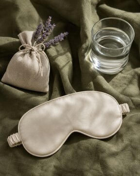 Masque de sommeil et pochette en lin dans une ambiance bien-&ecirc;tre