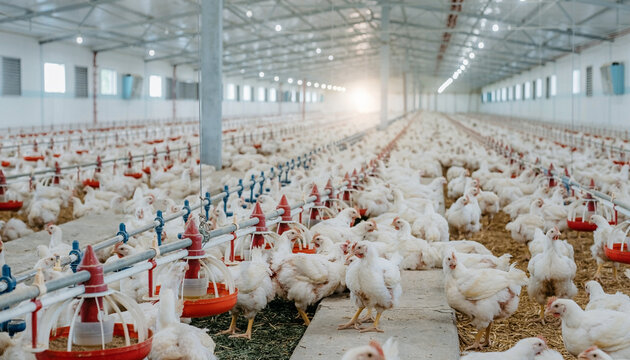 Large modern poultry farm interior with organized feeding system and clean environment for chickens