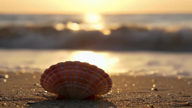 A single shell rests on sandy shore as sun sets over the ocean