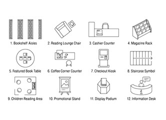 Obraz premium Modern bookstore retail floor plan icons set