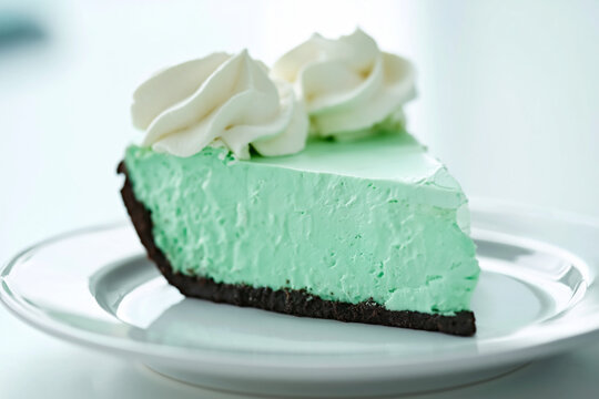 Mint Pie Slice with Whipped Cream: A refreshing slice of mint pie, adorned with swirls of whipped cream, rests on a clean white plate, offering a delightful sweet treat.