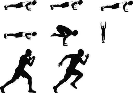 Fitness Training and Exercise Silhouettes Collection Featuring Push Ups Running Boxing and Yoga Poses