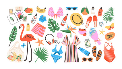 Fototapeta na wymiar Summer beach holiday set. Sea resort vacation clothes, hat, bikini, dress, sunscreen, fruits and flamingo. Tropical seaside travel items. Flat vector illustrations isolated on white background