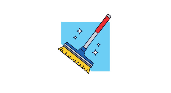 Blue and yellow cleaning squeegee or floor broom floating in front of a light blue square with several sparkling clean symbols.