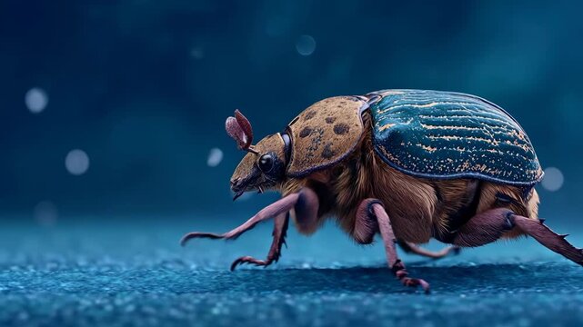 Detailed macro view of a beetle with textured shell walking on a blue surface. Extreme close-up of a scarab beetle's intricate exoskeleton and hairy legs