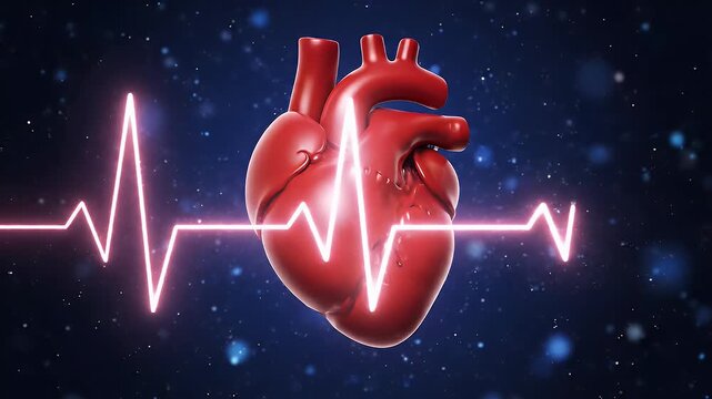 Red heart with bright pink EKG pulse against a dark, starry, bokeh background