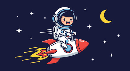 Naklejka premium Astronaut riding rocket in space with stars and crescent moon