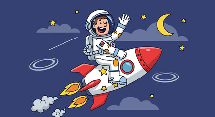 Naklejka premium Astronaut riding rocket in space with stars and clouds vector illustration