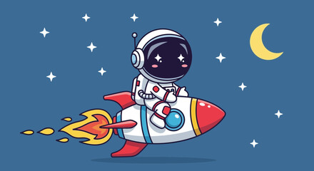 Naklejka premium Astronaut riding rocket in space with stars and crescent moon illustration