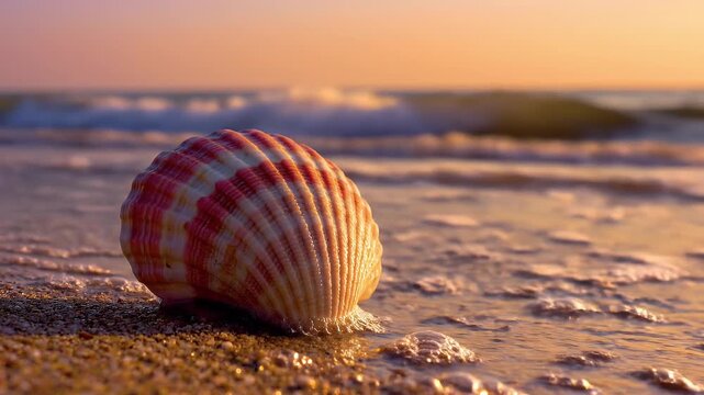 A colorful seashell rests on wet sand as a gentle wave recedes