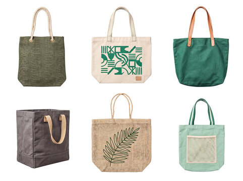 Diverse collection of eco-friendly reusable tote bags, various materials, designs, for shopping or promotional use.