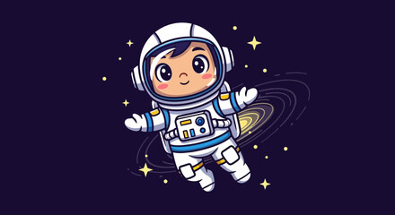 Fototapeta premium Cartoon astronaut floating in space with stars and galactic background