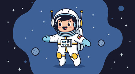 Naklejka premium Cartoon astronaut floating in space with stars and planets illustration