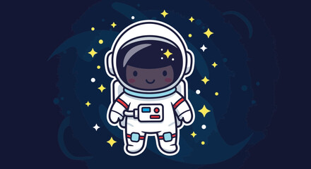 Naklejka premium Cartoon astronaut illustration in space with stars and deep blue background