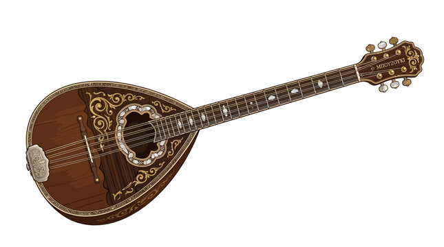 Bouzouki instrument with intricate gold designs on a white background