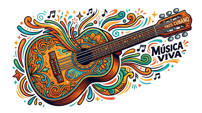 Vibrant Tres Cubano Guitar Illustration with M&uacute;sica Viva Text