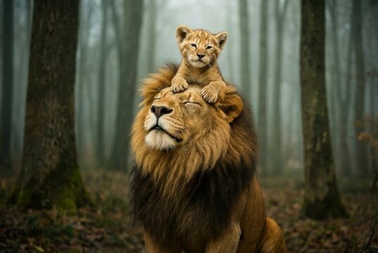 lion cub and lioness . Lion family Love. Loving father lion	
