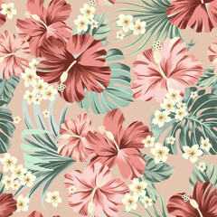 Vector seamless pattern Exotic wallpaper of tropical flowers green leaves of palm trees and flowers bird of paradis, hibiscus, artwork for fabrics, souvenirs, packaging, greeting cards   © Aglaia