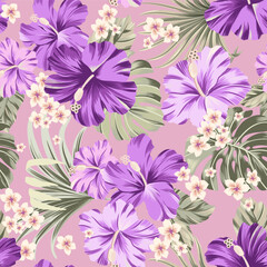 Vector seamless pattern Exotic wallpaper of tropical flowers green leaves of palm trees and flowers bird of paradis, hibiscus pink bright, artwork for fabrics, souvenirs, packaging, greeting cards © Aglaia