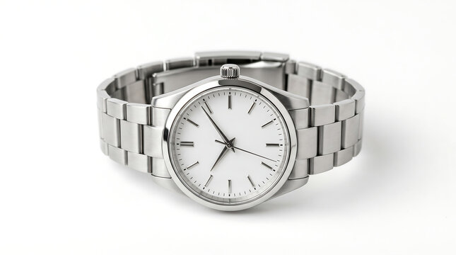 Classic silver wristwatch, plain dial no brand, timeless fashion accessory, studio product shot on white background