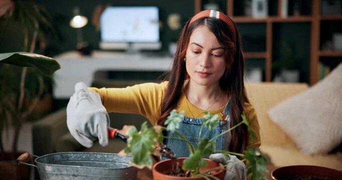 Botanist, plant and woman in home for gardening, fertilizer and maintenance for agriculture. Gardener, soil or female person at house with houseplant, botanical and spade with compost for leaf growth