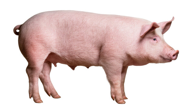 Pink pig standing profile view
