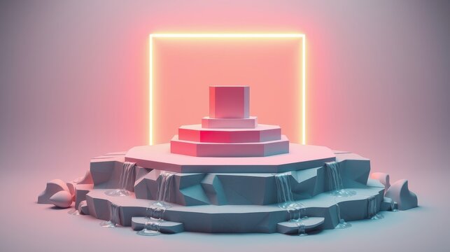 Abstract geometric pedestal. Neon light frames structure. Waterfalls cascade down rocky base. Minimalist design, soft lighting.