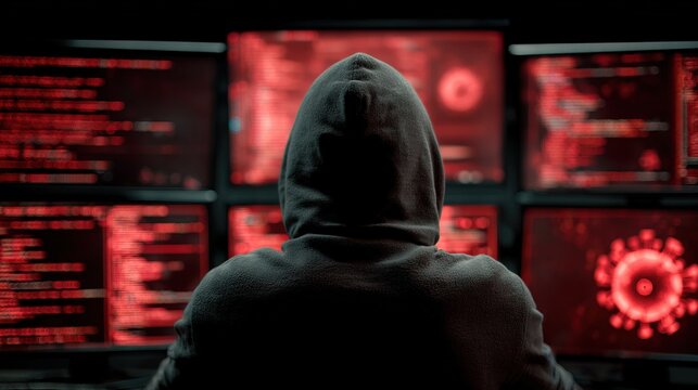 Mysterious Hooded Person Working on Multiple Computer Screens Displaying Red Digital Data and Abstract Graphics