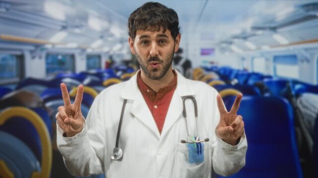 Man doctor in white coat with stethoscope showing peace sign with both hands inside a train building; reassurance optimism.