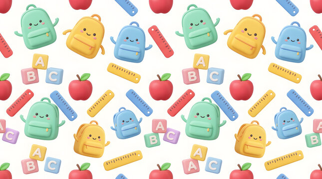3D seamless pattern with cute kawaii school backpacks, apples, colorful rulers, and ABC blocks. Back to school educational claymorphism digital illustration on a white background.