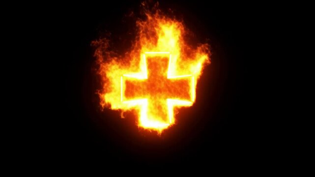 Fiery cross ignites and intensifies in dynamic flame animation on black background