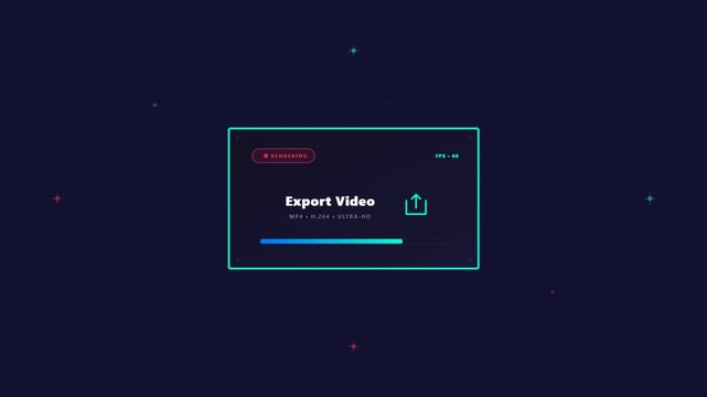 User interface showing video export progress and upload animation