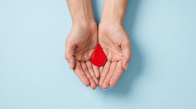 Blood drop held in cupped hands on blue background, medical blood donation concept, healthcare symbol for transfusion and laboratory testing