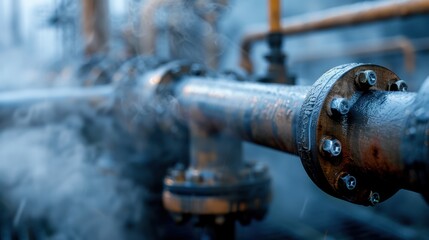 Fototapeta premium Industrial Pipe with Steam Emission in a Factory Setting Under Close-Up View Showing Details and Textures