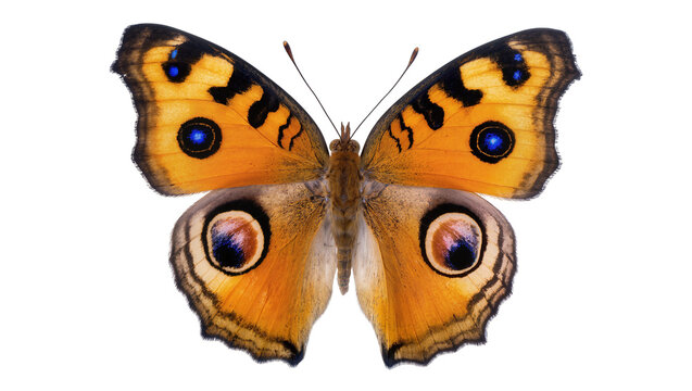 Peacock butterfly with orange wings and eye spots