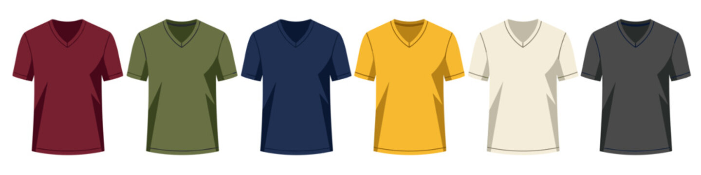 Collection of men v-neck t-shirt mockup. Different colored masculine v neck clothes on transparent background. Casual sportswear template isolated vector illustration.
