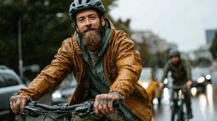 Obraz premium A focused man in a brown leather jacket rides his bike during a rainy day, showcasing resilience, adventure, and the urban lifestyle through his determined expression.