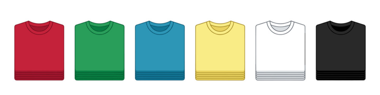Set of folded t-shirt mockup stacks in various colors. Neat laundry clothing pile on transparent background. Apparel store display template vector illustration.
